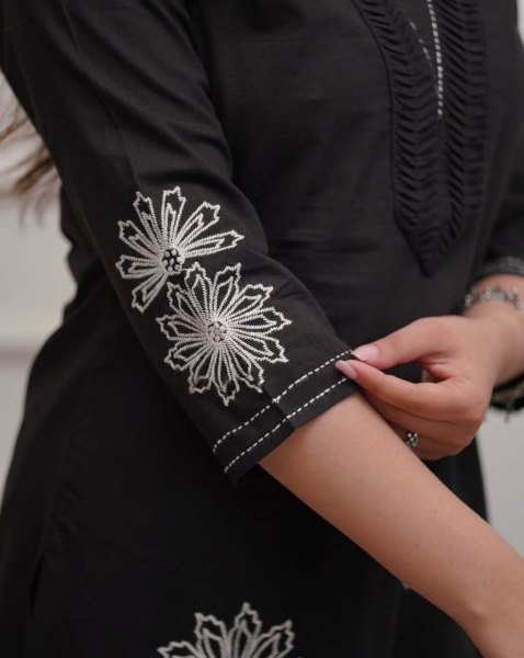 Vibrant Black Rayon Embroidered Kurti Palazzo Set with Soft Cotton Dupatta for Women Embroidery Kurtis 