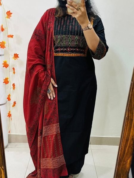 Vibrant Black Summer Kurti Pant Dupatta Set with Hand Work for Daily Wear Kurtis