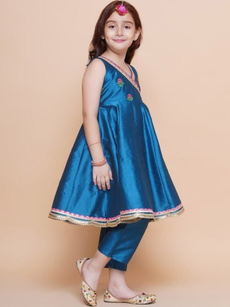 Vibrant Blue Angrakha Style Kurta Pant Set with Dupatta for Resellers and Exporters Girls Wear