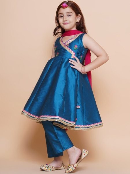 Vibrant Blue Angrakha Style Kurta Pant Set with Dupatta for Resellers and Exporters Girls Wear