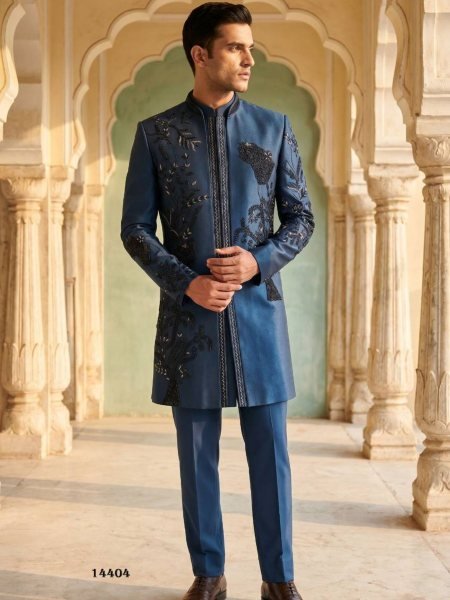 Vibrant Blue Designer Heavy Armani Embroidered Indo Western Collection 