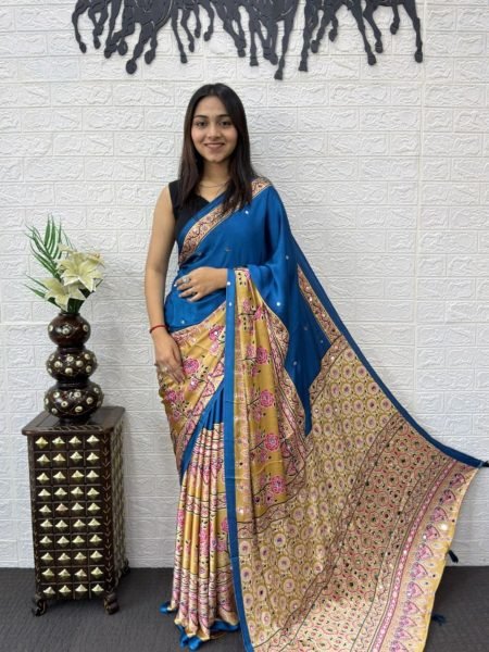 Vibrant Blue Japan Satin Silk Saree with Heavy Mirror Work and Latkan Border Sarees 