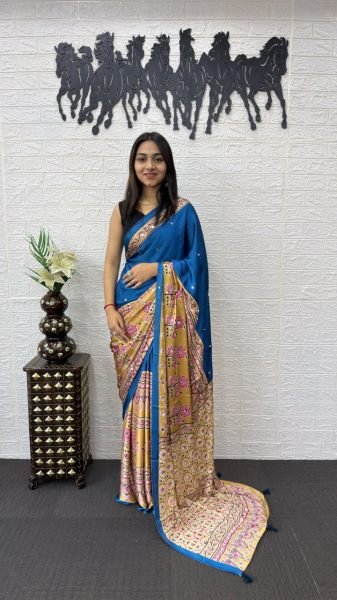 Vibrant Blue Japan Satin Silk Saree with Heavy Mirror Work and Latkan Border Silk Sarees Wholesale