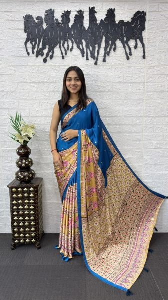 Vibrant Blue Japan Satin Silk Saree with Heavy Mirror Work and Latkan Border Silk Sarees Wholesale
