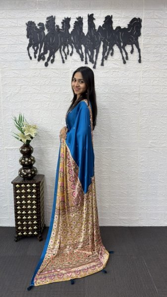 Vibrant Blue Japan Satin Silk Saree with Heavy Mirror Work and Latkan Border Silk Sarees Wholesale