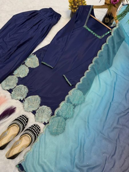 Vibrant Blue Silk Farshi Salwar Suit with Sequins and Diamond Work for Wedding Wear Ready To Wear Collection