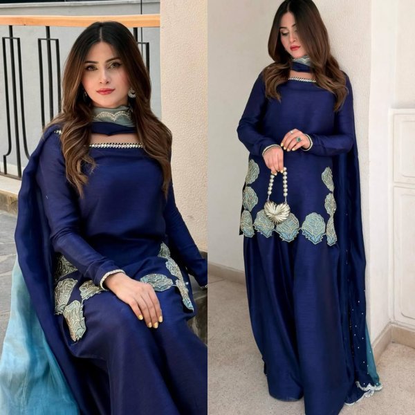 Vibrant Blue Silk Farshi Salwar Suit with Sequins and Diamond Work for Wedding Wear Ready To Wear Collection