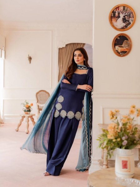 Vibrant Blue Silk Farshi Salwar Suit with Sequins and Diamond Work for Wedding Wear Ready To Wear Collection