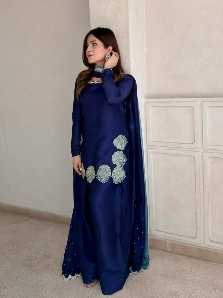 Vibrant Blue Silk Farshi Salwar Suit with Sequins and Diamond Work for Wedding Wear Ready To Wear Collection