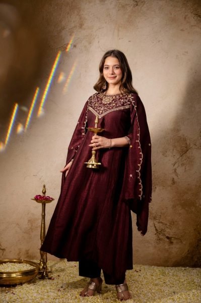 Vibrant Brown Embroidered Anarkali Kurti Pant Dupatta Set for Party Wear Anarkali Kurtis 