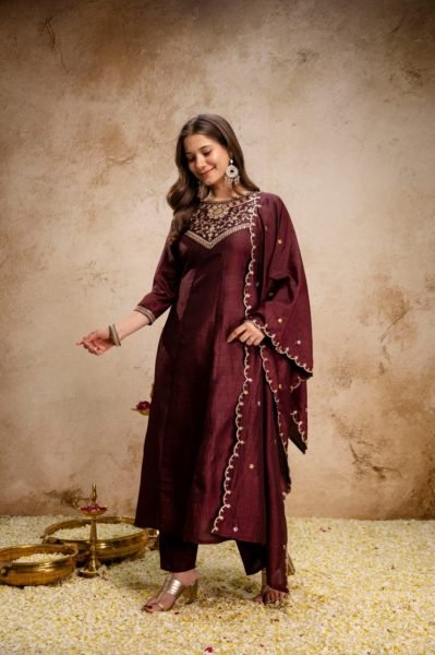 Vibrant Brown Embroidered Anarkali Kurti Pant Dupatta Set for Party Wear Anarkali Kurtis 