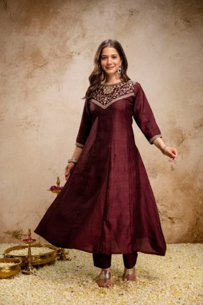 Vibrant Brown Embroidered Anarkali Kurti Pant Dupatta Set for Party Wear Anarkali Kurtis 