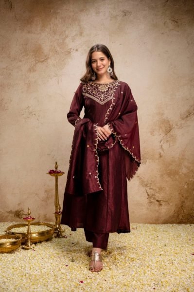 Vibrant Brown Embroidered Anarkali Kurti Pant Dupatta Set for Party Wear Anarkali Kurtis 