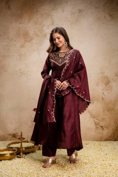 Vibrant Brown Embroidered Anarkali Kurti Pant Dupatta Set for Party Wear Anarkali Kurtis 