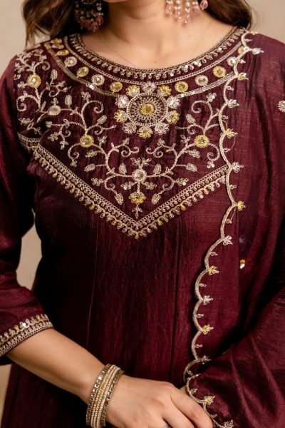 Vibrant Brown Embroidered Anarkali Kurti Pant Dupatta Set for Party Wear Anarkali Kurtis 