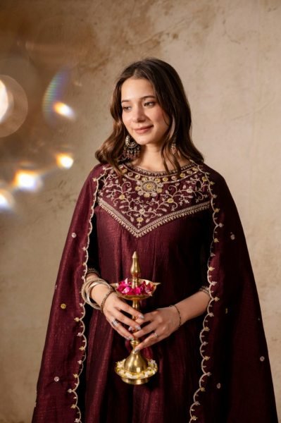 Vibrant Brown Embroidered Anarkali Kurti Pant Dupatta Set for Party Wear Anarkali Kurtis 