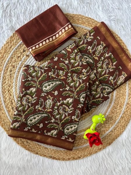 Vibrant Brown Maheshwari Silk Cotton Saree with Soft Silk Finish and Designer Zari Border Printed Cotton Sarees Wholesale