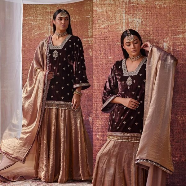 Vibrant Brown Velvet Top &  Fandy Silk Lehenga Palazzo  with Dupatta for Party Wear Ready To Wear Collection