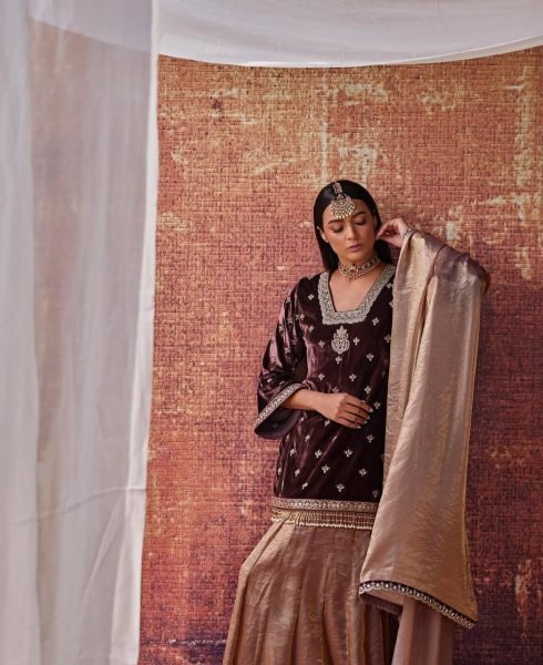Vibrant Brown Velvet Top &  Fandy Silk Lehenga Palazzo  with Dupatta for Party Wear Ready To Wear Collection