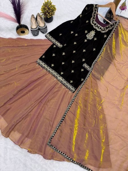 Vibrant Brown Velvet Top &  Fandy Silk Lehenga Palazzo  with Dupatta for Party Wear Ready To Wear Collection