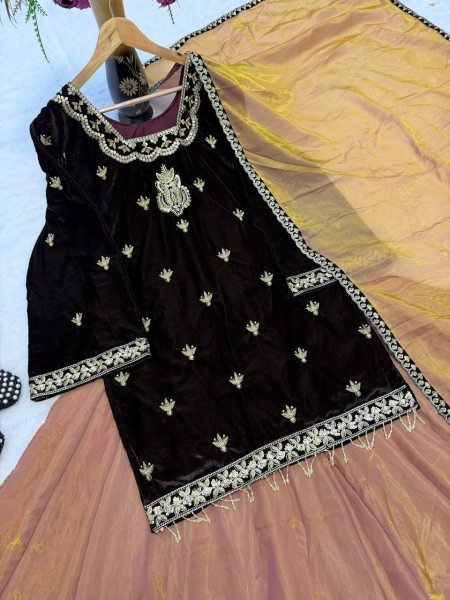 Vibrant Brown Velvet Top &  Fandy Silk Lehenga Palazzo  with Dupatta for Party Wear Ready To Wear Collection