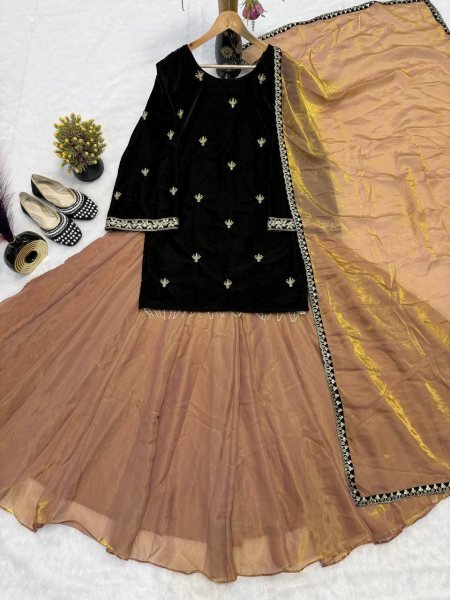 Vibrant Brown Velvet Top &  Fandy Silk Lehenga Palazzo  with Dupatta for Party Wear Ready To Wear Collection