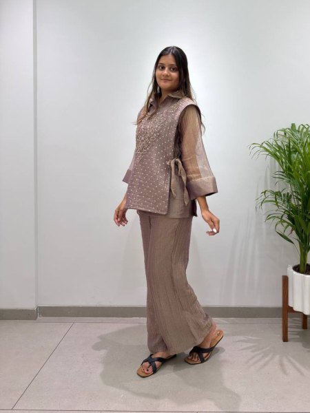 Vibrant Brown Women's Salsa Silk Shirt with Embroidered Shrug and Pants 