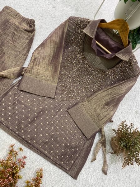 Vibrant Brown Women's Salsa Silk Shirt with Embroidered Shrug and Pants Ready To Wear Collection