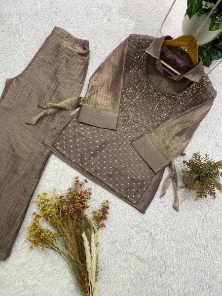 Vibrant Brown Women's Salsa Silk Shirt with Embroidered Shrug and Pants Ready To Wear Collection