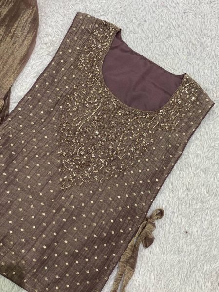 Vibrant Brown Women's Salsa Silk Shirt with Embroidered Shrug and Pants Ready To Wear Collection
