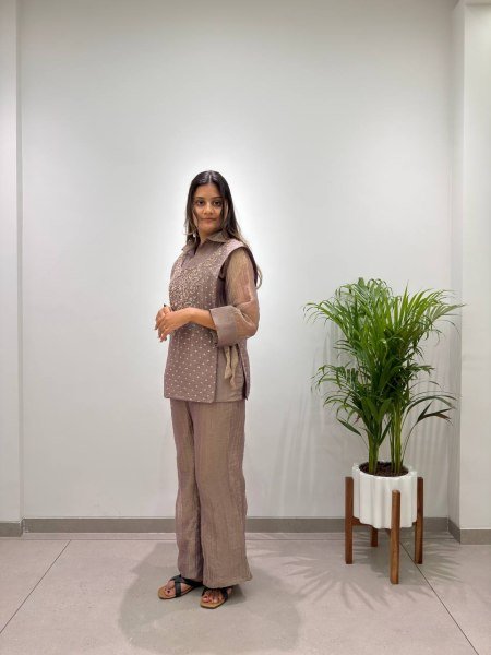 Vibrant Brown Women's Salsa Silk Shirt with Embroidered Shrug and Pants Ready To Wear Collection