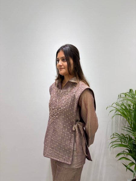 Vibrant Brown Women's Salsa Silk Shirt with Embroidered Shrug and Pants Ready To Wear Collection