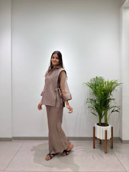 Vibrant Brown Women's Salsa Silk Shirt with Embroidered Shrug and Pants Ready To Wear Collection
