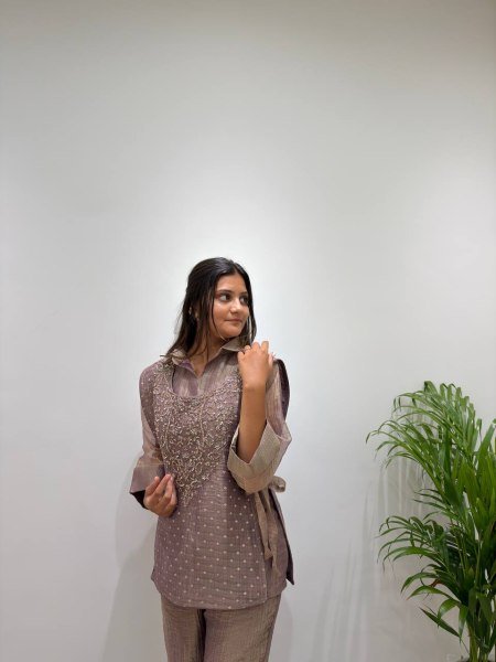 Vibrant Brown Women's Salsa Silk Shirt with Embroidered Shrug and Pants Ready To Wear Collection