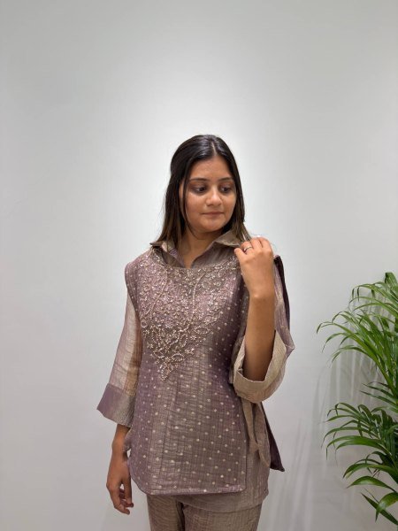 Vibrant Brown Women's Salsa Silk Shirt with Embroidered Shrug and Pants Ready To Wear Collection
