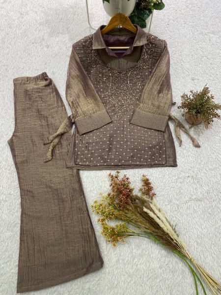 Vibrant Brown Women's Salsa Silk Shirt with Embroidered Shrug and Pants Ready To Wear Collection