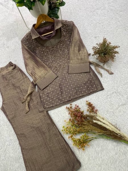 Vibrant Brown Women's Salsa Silk Shirt with Embroidered Shrug and Pants Ready To Wear Collection