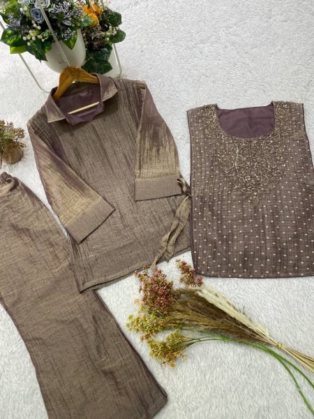 Vibrant Brown Women's Salsa Silk Shirt with Embroidered Shrug and Pants Ready To Wear Collection