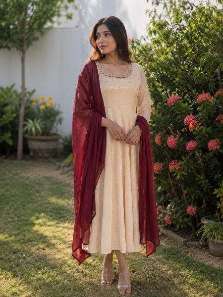 Vibrant Cream Fox Georgette Anarkali Gown with Hand Embroidery and Dupatta 