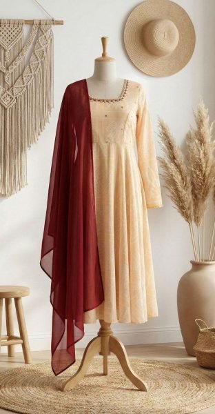 Vibrant Cream Fox Georgette Anarkali Gown with Hand Embroidery and Dupatta Anarkali Kurtis 