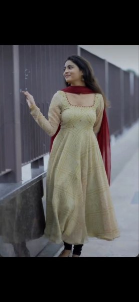 Vibrant Cream Fox Georgette Anarkali Gown with Hand Embroidery and Dupatta Anarkali Kurtis 