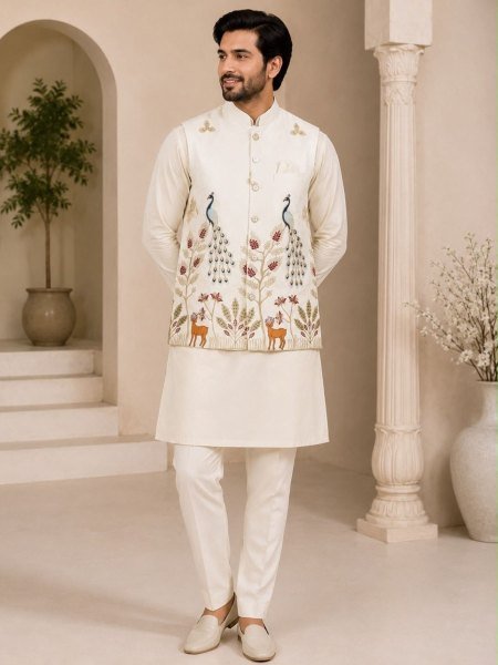 Vibrant Cream Men's Embroidered Koti Kurta with Cotton Pant For Party 