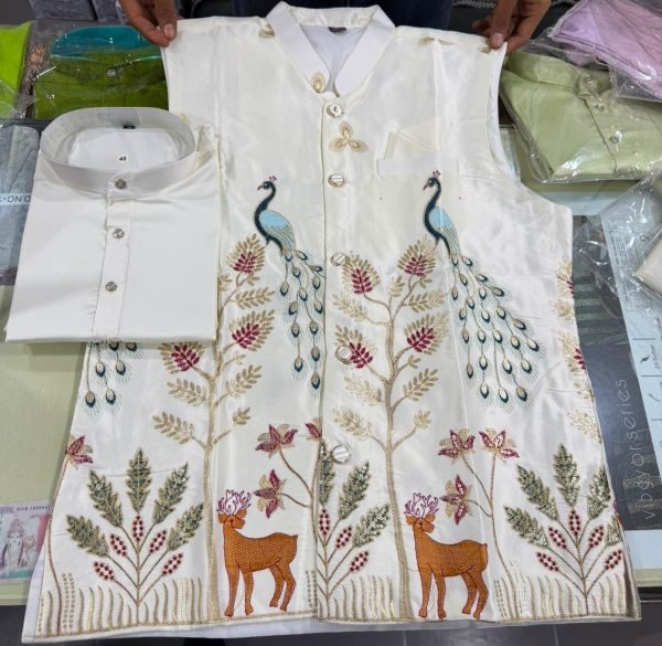 Vibrant Cream Men's Embroidered Koti Kurta with Cotton Pant For Party Kurta Pajama Wholesale
