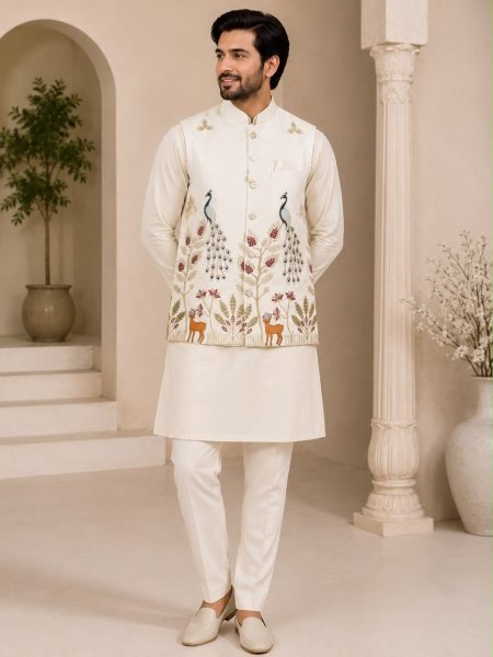 Vibrant Cream Men's Embroidered Koti Kurta with Cotton Pant For Party Kurta Pajama Wholesale