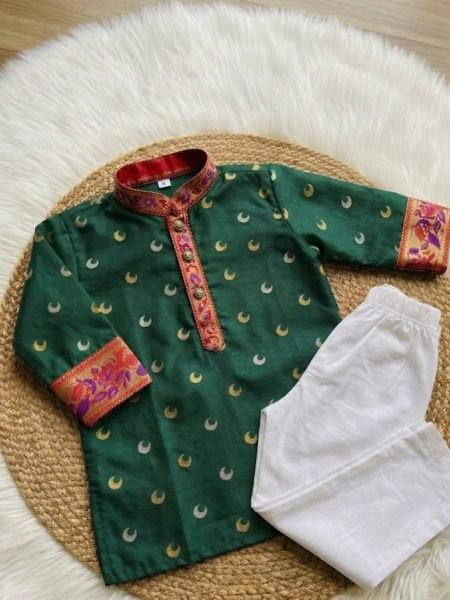 Vibrant Dark Green Designer Kids Boys Traditional Kurta Set with Gold Zari Work Mens Wear