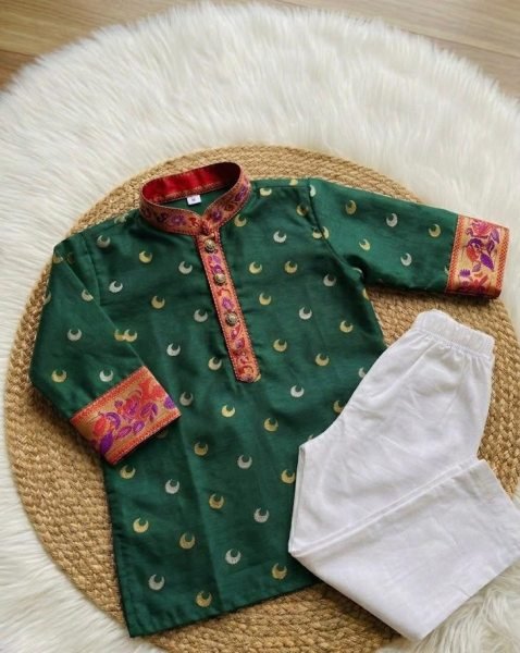 Vibrant Dark Green Designer Kids Boys Traditional Kurta Set with Gold Zari Work Boys Wear