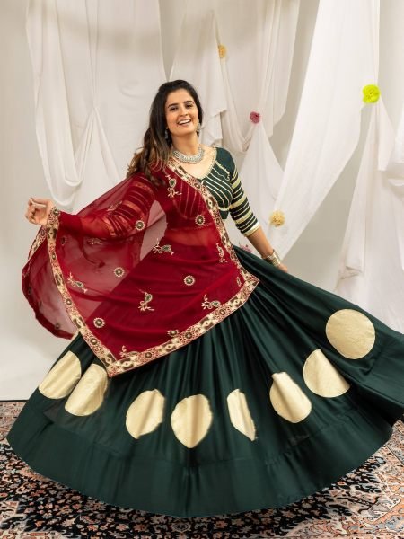 Vibrant Dark Green Navratri Garba Wear Rayon Lehenga Choli with Gota and Canvas Work 