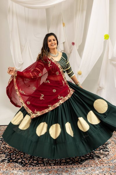 Vibrant Dark Green Navratri Garba Wear Rayon Lehenga Choli with Gota and Canvas Work Navratri Lehnega Choli