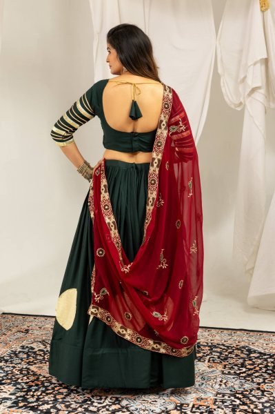 Vibrant Dark Green Navratri Garba Wear Rayon Lehenga Choli with Gota and Canvas Work Navratri Lehnega Choli