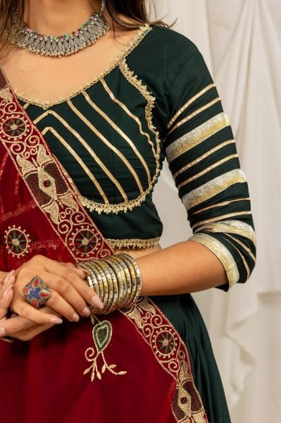 Vibrant Dark Green Navratri Garba Wear Rayon Lehenga Choli with Gota and Canvas Work Navratri Lehnega Choli